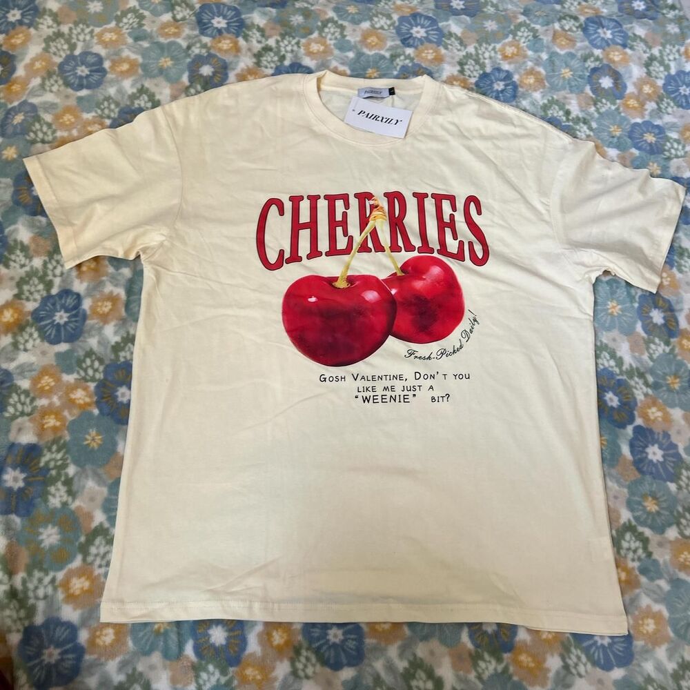Pairxily Cream yellow and red oversized cherries tee with a relaxed fit  women's